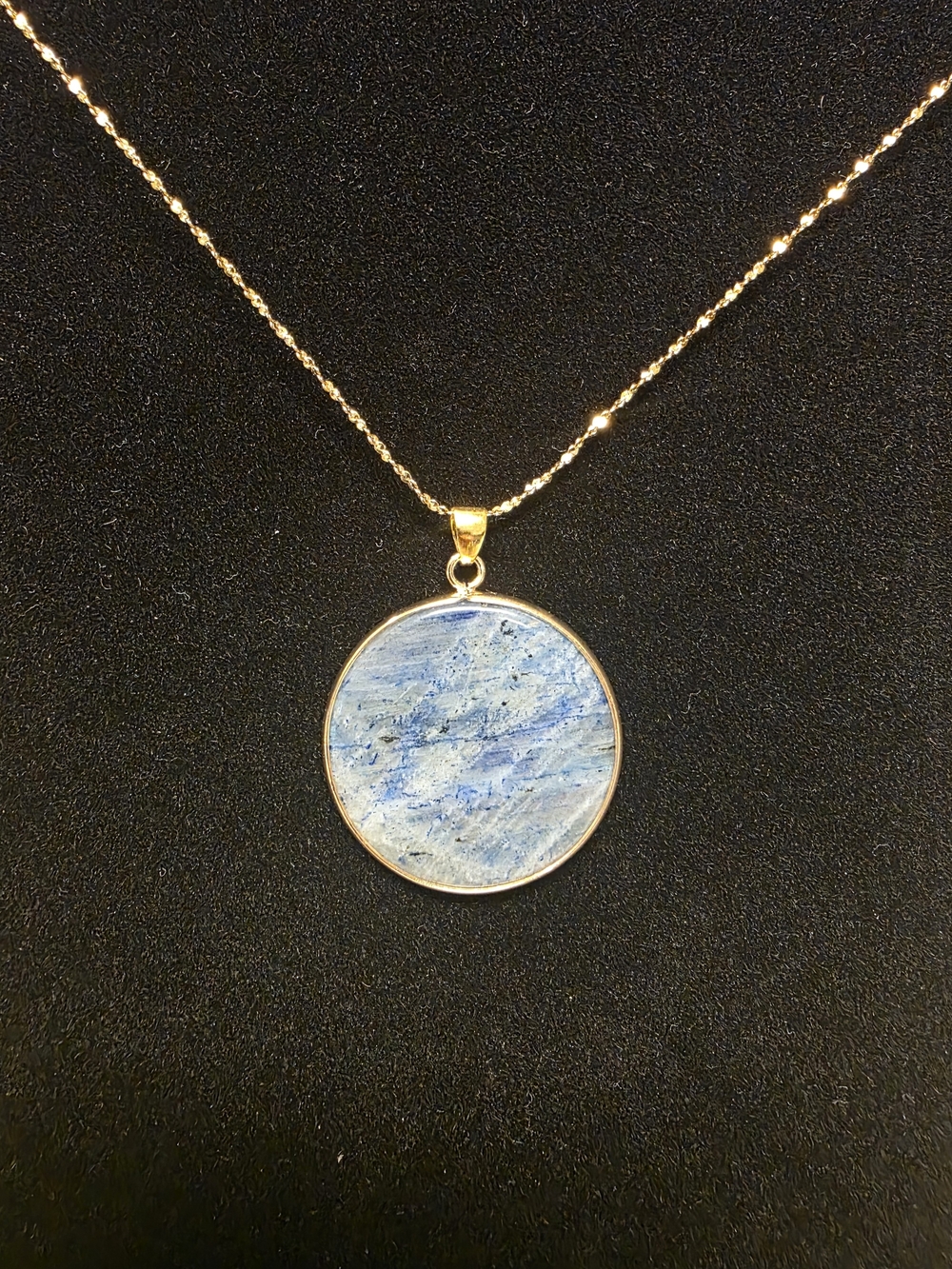 Unique Blue And Rainbow Flash Labradorite Pendant Necklace With Gold Tone Bezel
